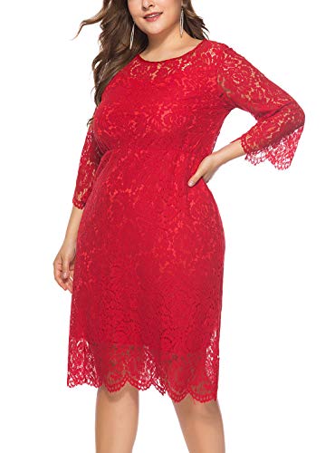 FEOYA - Mujer Vestido de Noche Encaje Cuello Redondo para Ceremonia Boda Viaje Falda Larga de Dama de Honor con Manga 3/4 Talla Extra Grande Rojo - Talla 3XL/ES 54