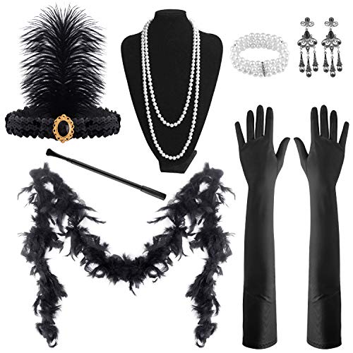 FEPITO 9 Piezas 1920s Accesorios Set Flapper Headband Collar Pendientes Guantes Negros Largos Boa Cigarette Holder Gran Gatsby Theme Party Accessories para Mujeres （Set G）