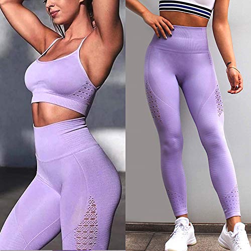 FITTOO Leggings Sin Costuras Corte de Malla Mujer Pantalon Deportivo Alta Cintura Yoga Elásticos Fitness Seamless #1 Morado Claro Medium