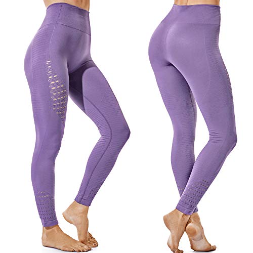 FITTOO Leggings Sin Costuras Corte de Malla Mujer Pantalon Deportivo Alta Cintura Yoga Elásticos Fitness Seamless #1 Morado Claro Medium