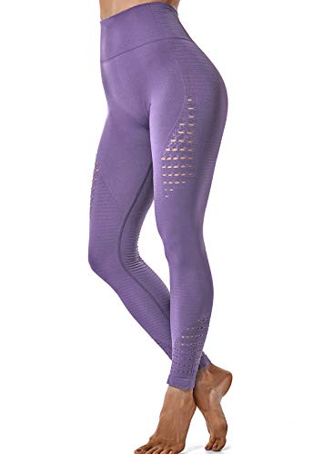 FITTOO Leggings Sin Costuras Corte de Malla Mujer Pantalon Deportivo Alta Cintura Yoga Elásticos Fitness Seamless #1 Morado Claro Small