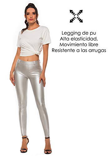 FITTOO PU Leggings Cuero Imitación Pantalón Elásticos Cintura Alta Push Up para Mujer #1 Bolsillo Falso Poca Terciopelo Plata M