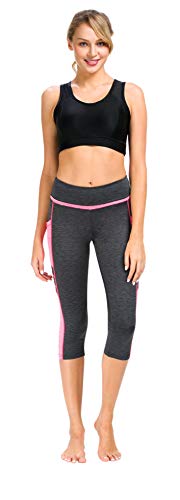 Flatik Mallas de malla para mujer, para deporte, gimnasio, yoga, correr, fitness, leggings Gris y rosa (3/4 Capri). S