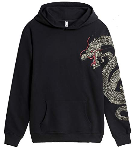 FLYCHEN Hombre Sudadera con Capucha con Bordado Moda China Espiritual Totem Leyenda de Artes Marciales Caual Estilo Negro Unisex - Dragón, XL