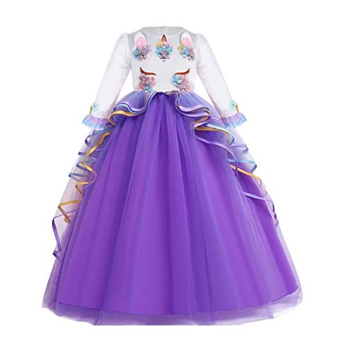 FMYFWY Niña Vestido de Unicornio Princesa Cumpleaños Manga Larga Disfraz de Carnaval Halloween Navidad Fiesta de Cosplay para Chicas Bautizo Comunión Boda Velada Ropa con Diadema Morado 6-7