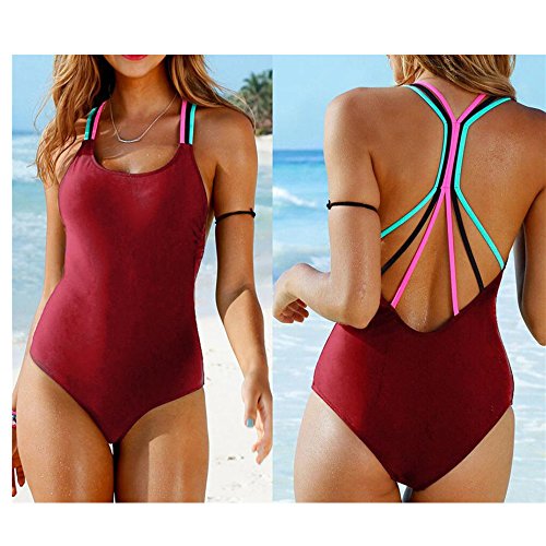 Fossen Mujer Bikinis con Relleno Trajes de una Pieza Ropa de baño Bañador de Escotado por detrás (L, Vino Rojo)