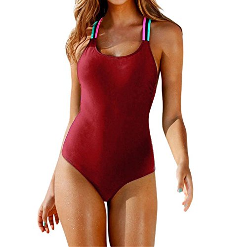 Fossen Mujer Bikinis con Relleno Trajes de una Pieza Ropa de baño Bañador de Escotado por detrás (L, Vino Rojo)