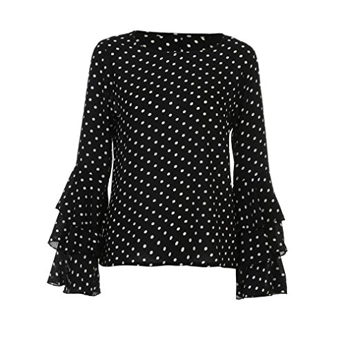 Fossen Mujer Blusas de Manga Larga Volantes Trompeta Punto de Ola Camisetas de Baratas y Oferta Gasa Camisa de Mujer Elegantes de Fiesta (XL, Negro)