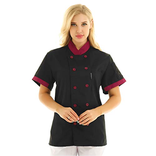 Freebily Unisexo Camisa de Cocineros Camareros Chef Uniforme Mandarin de Trabajo Cocina Hotel Restaurante Chaqueta Llaboral Profesional Mangas Cortas Doble Pecho Negro L