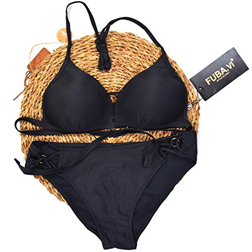 Fuba.VI 2019 - Conjunto de trajes de baño sexy para mujer, cuello halter/sin tirantes, conjunto de bikini alto 69639negro 42/44 ES/L