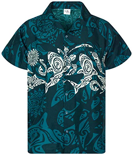 Funky Camisa Hawaiana, Manga Corta, Maori Chest, Verde Petróleo, XL