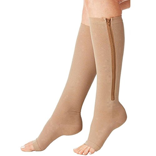 Furein Medias Calcetines de Compresión de Punta Abierta y Cierre de Cremallera Unisex Hombre y Mujer (XL)