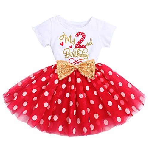 FYMNSI Vestido de manga corta para bebé, niña, de algodón, tutú de tul, línea A, vestido de princesa, vestido de fiesta para sesión de fotos. Rojo Mi 2º cumpleaños (vestido solo) 2 Años