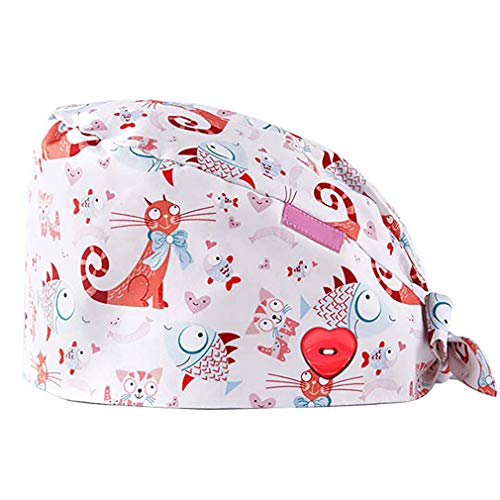 GEMVIE Reutilizable Gorro Enfermera con Botones Pelo Largo Robin Hat para Mujers y Hombres,Dibujos Animados, Flor,Peces, Corbata Ajustable