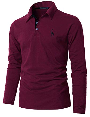 GHYUGR Polo Manga Larga Hombre Algodón Negocios Elegante Bordado de Ciervo Golf Tennis Otoño Invierno Poloshirt Camisas,Rojo Vino, (EU 42)XL