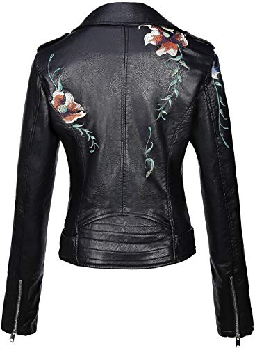 Giolshon Chaqueta Corta de Piel sintética para Mujer, Abrigo Floral Informal de Moto XX-Grande