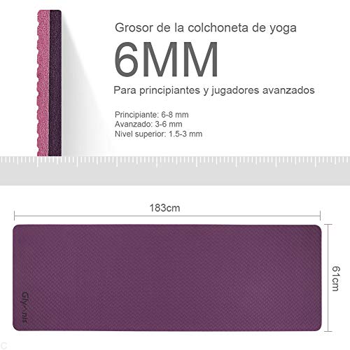 Glymnis Esterilla Yoga Antideslizante Colchoneta Yoga Mat Esterilla Deporte de Material Ecológico TPE Esterilla Pilates con Correa 183mm x 61mm x 6mm Rosa