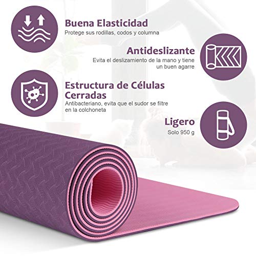 Glymnis Esterilla Yoga Antideslizante Colchoneta Yoga Mat Esterilla Deporte de Material Ecológico TPE Esterilla Pilates con Correa 183mm x 61mm x 6mm Rosa