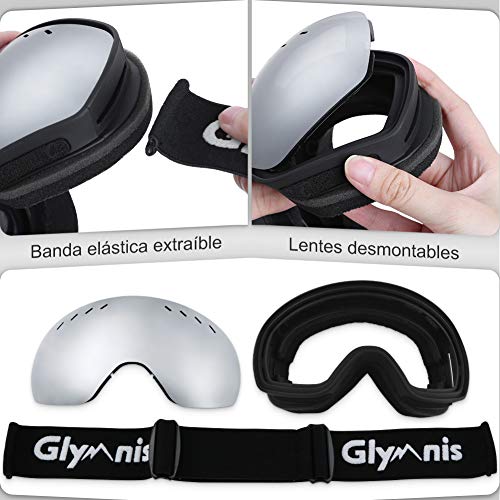 Glymnis Gafas de Esquí Máscara Gafas Esqui Snowboard OTG Super Gran Angular UV400 Protección para Hombre Mujer Adultos Jóvenes (Plateado)