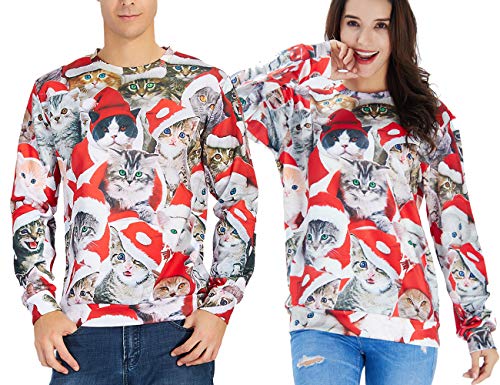 Goodstoworld Navidad Ropa Hombre Mujer Xmas Jerseys Gato 3D Ugly Christmas Sweater Ropa Divertida Elfo Vestido de Navideño XXL