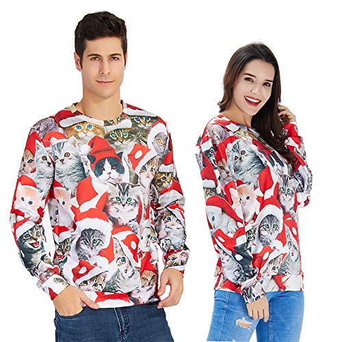 Goodstoworld Navidad Ropa Hombre Mujer Xmas Jerseys Gato 3D Ugly Christmas Sweater Ropa Divertida Elfo Vestido de Navideño XXL