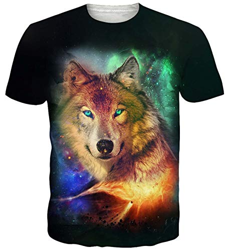 Goodstoworld Verde 3D Galaxy Wolf Grafica Estampada de Manga Corta Camiseta Divertida Tapa para Chico y Chicas Ropa Negra pequeña