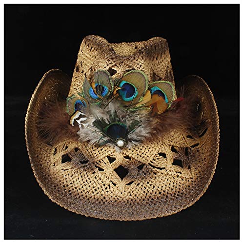 Gorras de cúpula de Moda Qiukui Sombrero de Vaquero del Oeste de Las Mujeres, Sombrero de Paja de Plumas de Verano for Dama de Playa, Gorra de Sol de Panamá Cowgirl Jazz, tamaño 56-58 CM