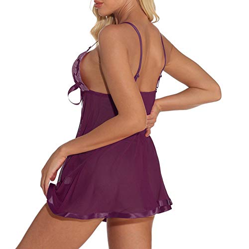 GROPC Camisón Mujer Sexy,Copa De Encaje Lazo Profundo V Malla Transparente Babydoll Halter Sling Vestido Conjunto De Lencería Chemise Plus Size Camisón Transpirable Sin Mangas con Tanga,Morado,L