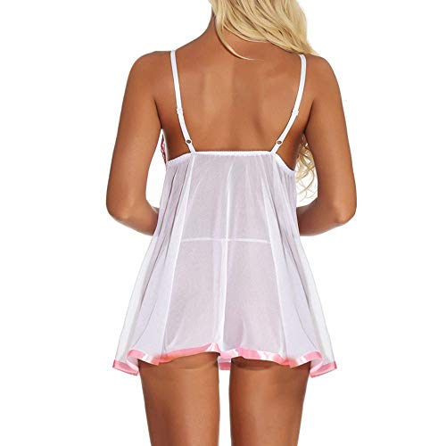 GROPC Camisón Mujer Sexy,Encaje Copa Lazo Profundo V Malla Transparente Babydoll Halter Sling Vestido Conjunto De Lencería Chemise Plus Size Camisón Transpirable Sin Mangas con Tanga,Blanco,S