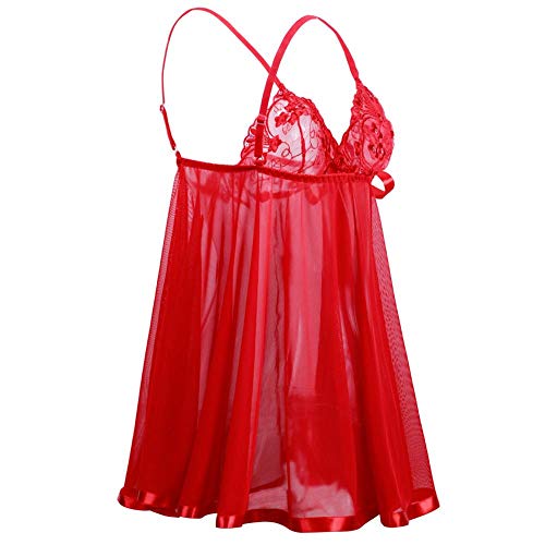 GROPC Camisón Mujer Sexy,Encaje Copa Lazo Profundo V Malla Transparente Babydoll Halter Sling Vestido Conjunto De Lencería Chemise Plus Size Camisón Transpirable Sin Mangas con Tanga,Rojo,L