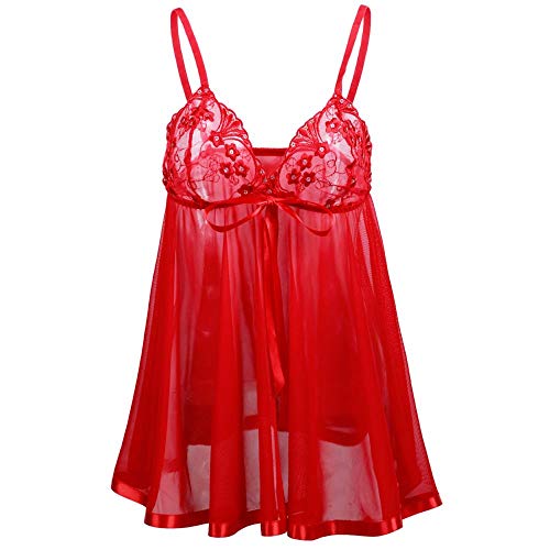 GROPC Camisón Mujer Sexy,Encaje Copa Lazo Profundo V Malla Transparente Babydoll Halter Sling Vestido Conjunto De Lencería Chemise Plus Size Camisón Transpirable Sin Mangas con Tanga,Rojo,L