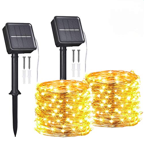 Guirnaldas Luces Exterior Solar,Tomshine 2 Pack 12m 120LEDs Luces Solares LED Exterior Jardin,IP65 Impermeable,8 Modos,Cadena de Luces Led Decorativas,para Navidad,Fiestas,Bodas,Patio(Blanco Cálido)