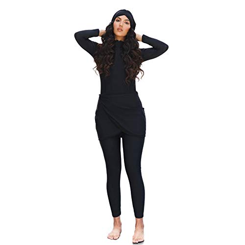 HaoFan - Traje de baño Musulman Modeste - Conjunto de burkini para mujer, conjunto de pantalones de hijab cobertura completa de secado rápido, elástico, protección solar UPF 50+ Negro M