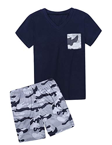 Hawiton Pijama niño Verano Corto,Ropa de Dormir de Camuflaje de Manga Corta, para 4-5 años, Camiseta con Bolsillo en el Pecho y Pantalones Corta 2 Piezas