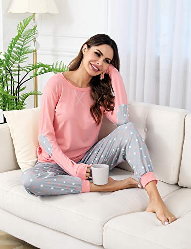 Hawiton Pijamas Mujer Invierno, Pijamas de algodón,Mangas Larga Camiseta y Pantalones de Lunares ondulados Conjunto de Ropa de Dormir 2 Piezas,Tallas Grandes, Naranja, L