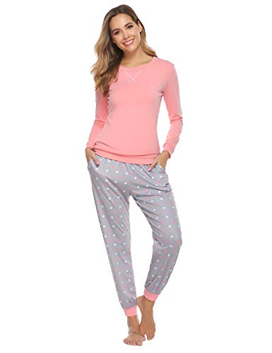 Hawiton Pijamas Mujer Invierno, Pijamas de algodón,Mangas Larga Camiseta y Pantalones de Lunares ondulados Conjunto de Ropa de Dormir 2 Piezas,Tallas Grandes, Naranja, L