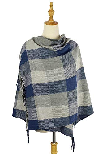 heekpek Mujeres caliente Mantas Cozy Pashmina bufanda larga tartán enrejado mantón (Azul+Gris)