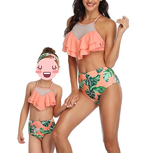 HenzWorld Bikinis para niñas, 2 Piezas, Trajes de baño, Traje de baño a Juego con la Familia, Tops con Volantes, Talle Alto, Floral, con Pliegues, Traje de baño (Naranja, 6-8 años)