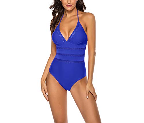 HenzWorld Ladies Blue Halter Sexy Plunge Monokini Traje de baño de una Pieza Traje de baño de Malla Transpirable Costura Traje de baño Talla XL