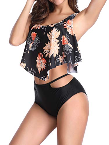 HenzWorld Traje de Baño de 2 Piezas para Mujer Sujetador con Volantes Vintage Tops Trajes de Baño Bikini para Mujer Conjuntos de Tankini (Tamaño Negro 12-14)