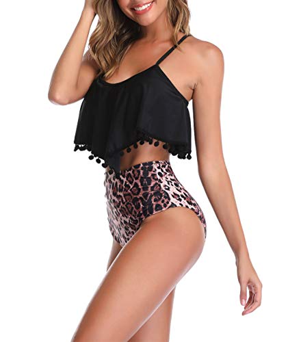 HenzWorld Trajes de Baño para Mujer Conjuntos de Bikini Estampado Floral Parte Inferior de Cintura Alta Traje de Baño de 2 Piezas para Mujer Traje de Baño Tankini (Negro Talla 12-14)