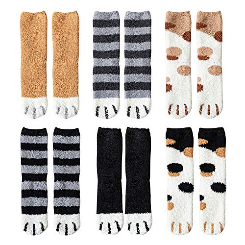 Hilareco Gato Calcetines,Calcetines Mujer Invierno,6 pares de garras de gato de invierno Calcetines gruesos y cálidos para dormir, calcetines de felpa de coral de felpa calcetines de tubo femeninos