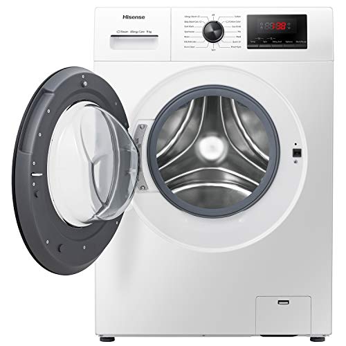 Hisense WFPV9014EM - Lavadora con Vapor, Carga Frontal 9 Kg, 1400 RPM, 16 Programas, Control de balanceo inteligente del tambor, Display LED, Programa rápido, Bloqueo Infanti