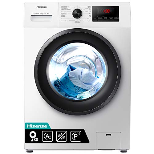 Hisense WFPV9014EM - Lavadora con Vapor, Carga Frontal 9 Kg, 1400 RPM, 16 Programas, Control de balanceo inteligente del tambor, Display LED, Programa rápido, Bloqueo Infanti