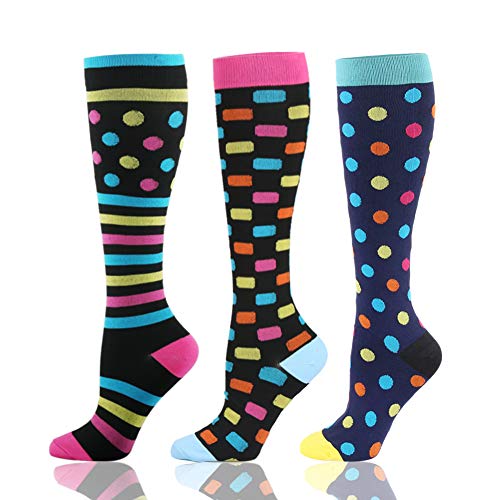 HLTPRO Calcetines de compresión para mujeres y hombres circulación, paquete de 3 calcetines hasta la rodilla para enfermeras, correr, viajes, embarazo, S-M, Morado/azul/amarillo.