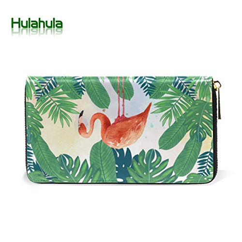 Hoja Verde Rosa Flamenco Monedero Cremallera Billetera de Cuero Real Patrón Impresión Bolso para Niño Mujeres Teléfono Chica Hombre