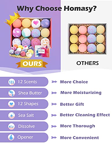 Homasy 12 Piezas Bombas de Baño, Set de Regalo de Bomba de Baño de con Aceites Esenciales Naturales, Manteca de Karité, Sal Marina, Efervescentes de Burbujas SPA para Niños, Mujeres, Mamá, Novia