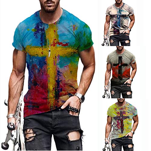 Hombres Pintura al óleo Fe Jesús Cruz Print Camisetas Vintage Casual Manga Corta Camisas Cristianas Elegante Calle Gráfico Tees Tie Dye Cuello Redondo Tops (F,L)