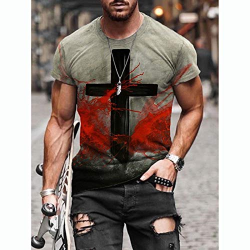 Hombres Pintura al óleo Fe Jesús Cruz Print Camisetas Vintage Casual Manga Corta Camisas Cristianas Elegante Calle Gráfico Tees Tie Dye Cuello Redondo Tops (F,L)