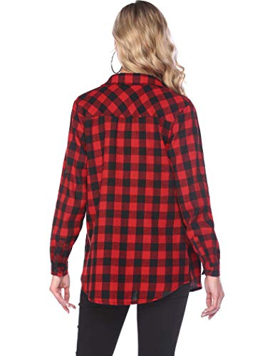 Hotouch Camisa a cuadros para mujer, de franela, a cuadros, de manga larga, con botones, estilo boyfriend, con bolsillos, S-XXL rojo L